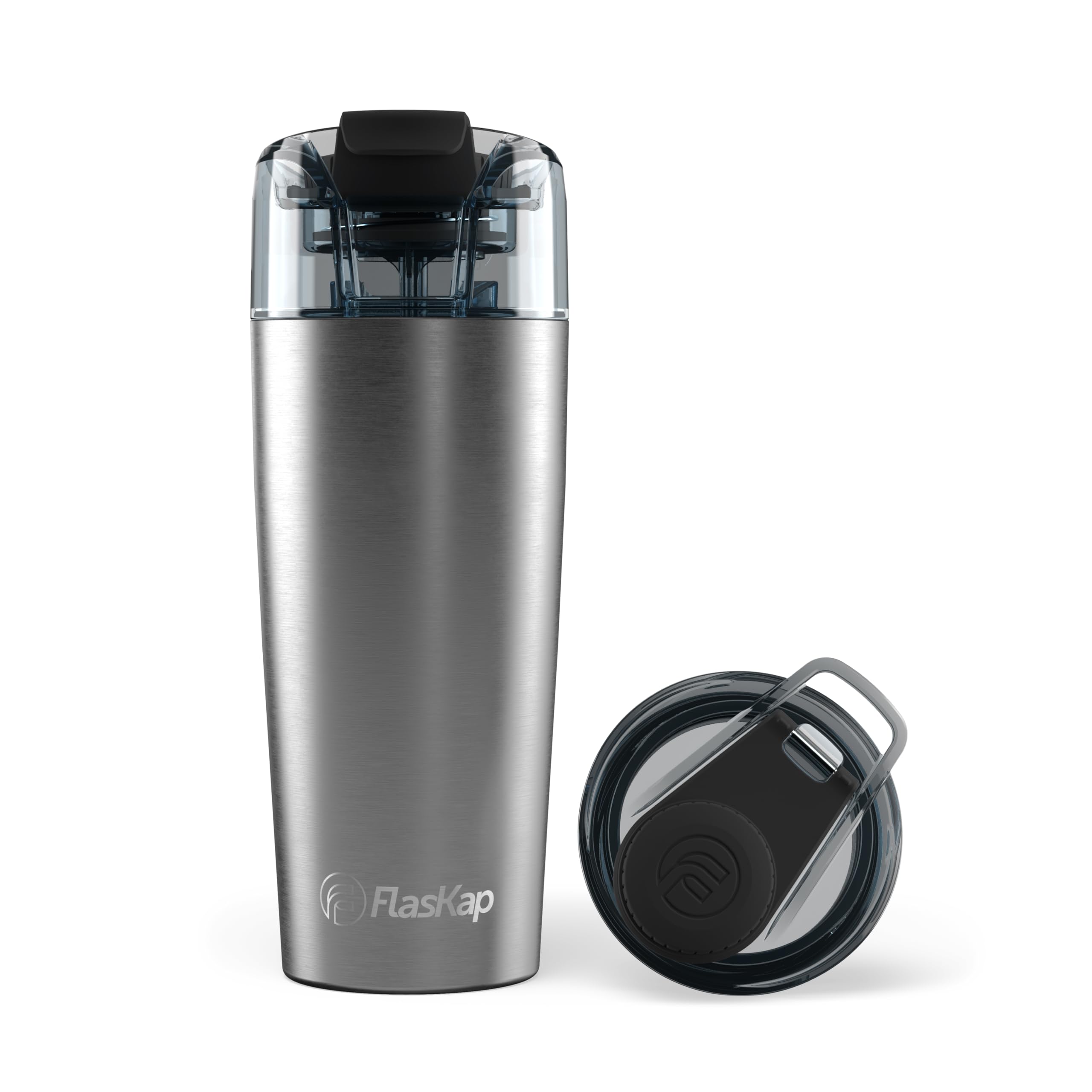 Flaskap Madic Drinking System | Insulated Tumbler with Shot Dispenser | Cup Holder Friendly | Splash Resistant | Leak Proof Tumbler (6 oz Black Madic, 22 oz Stainless Steel Volst)