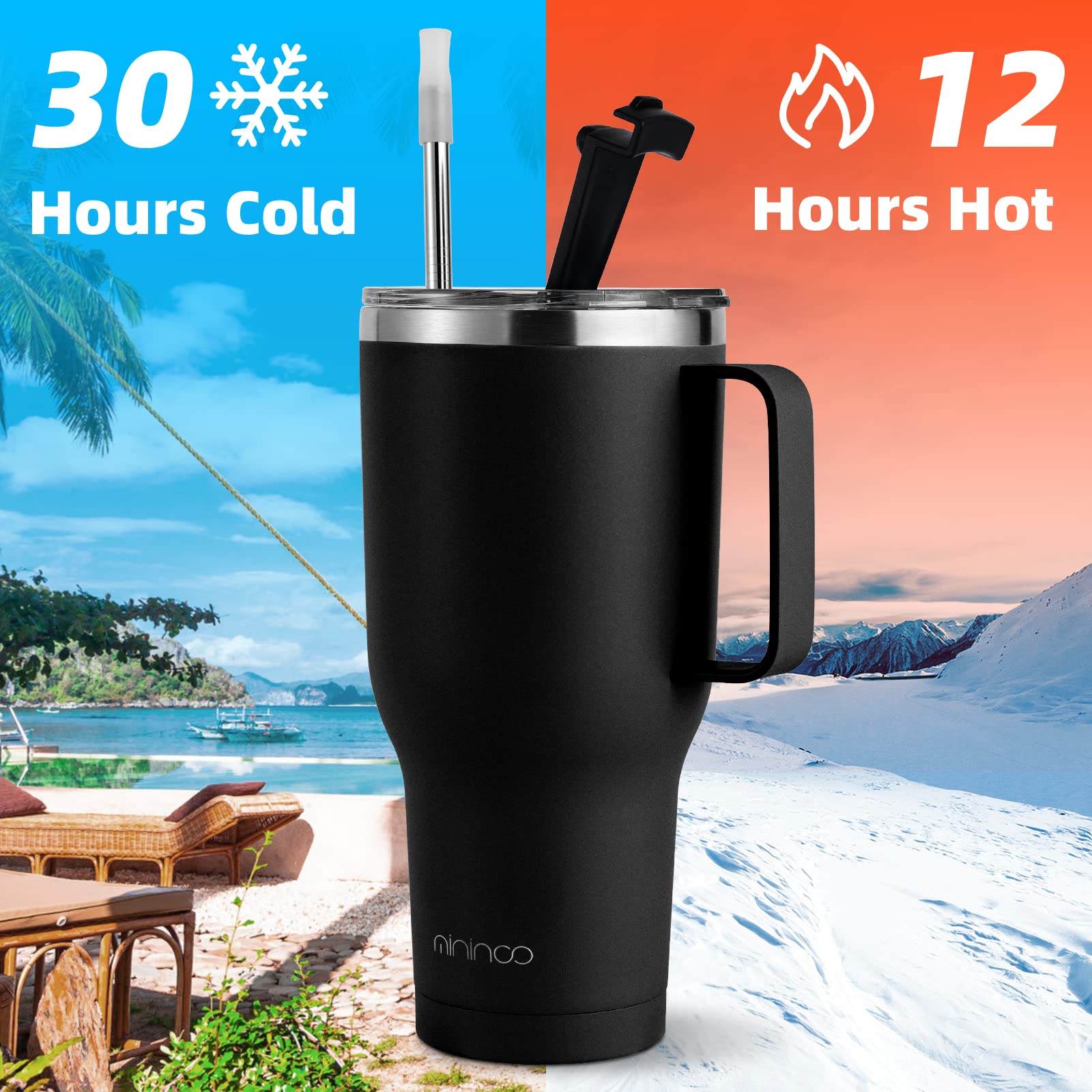 mininoo 40 oz Tumbler with Handle and Straw, Insulated Tumbler with Handle Leak Proof, Large Tumbler with Lid and Straw (Black)