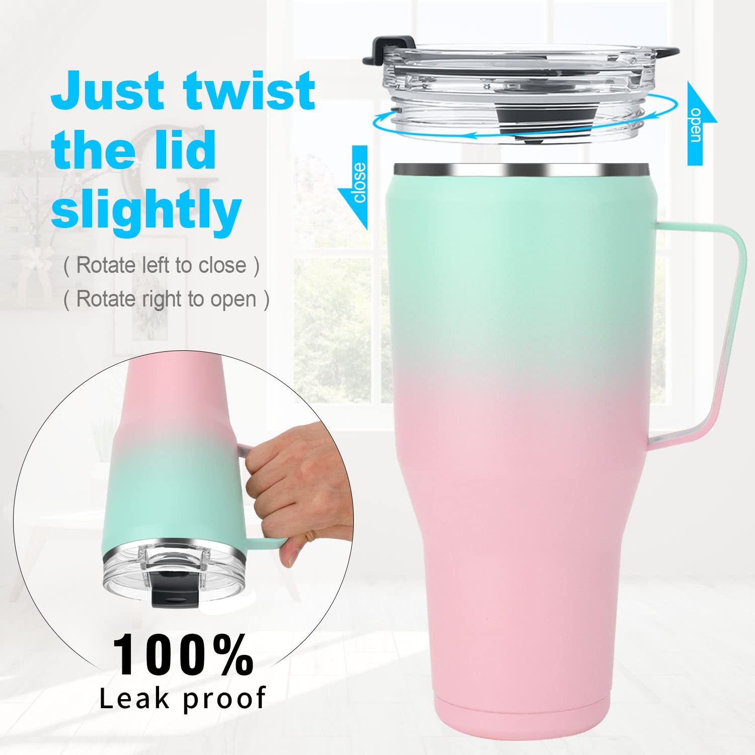 Sursip 40 oz Insulated Tumbler with Screw Lid - Stainless Steel Vacuum Cup with Straw and Handle, Keeps Drinks Cold up to 24 Hours - Sweat/Leak Proof, Dishwasher Safe, Fits Car Cup Holder (Pink)