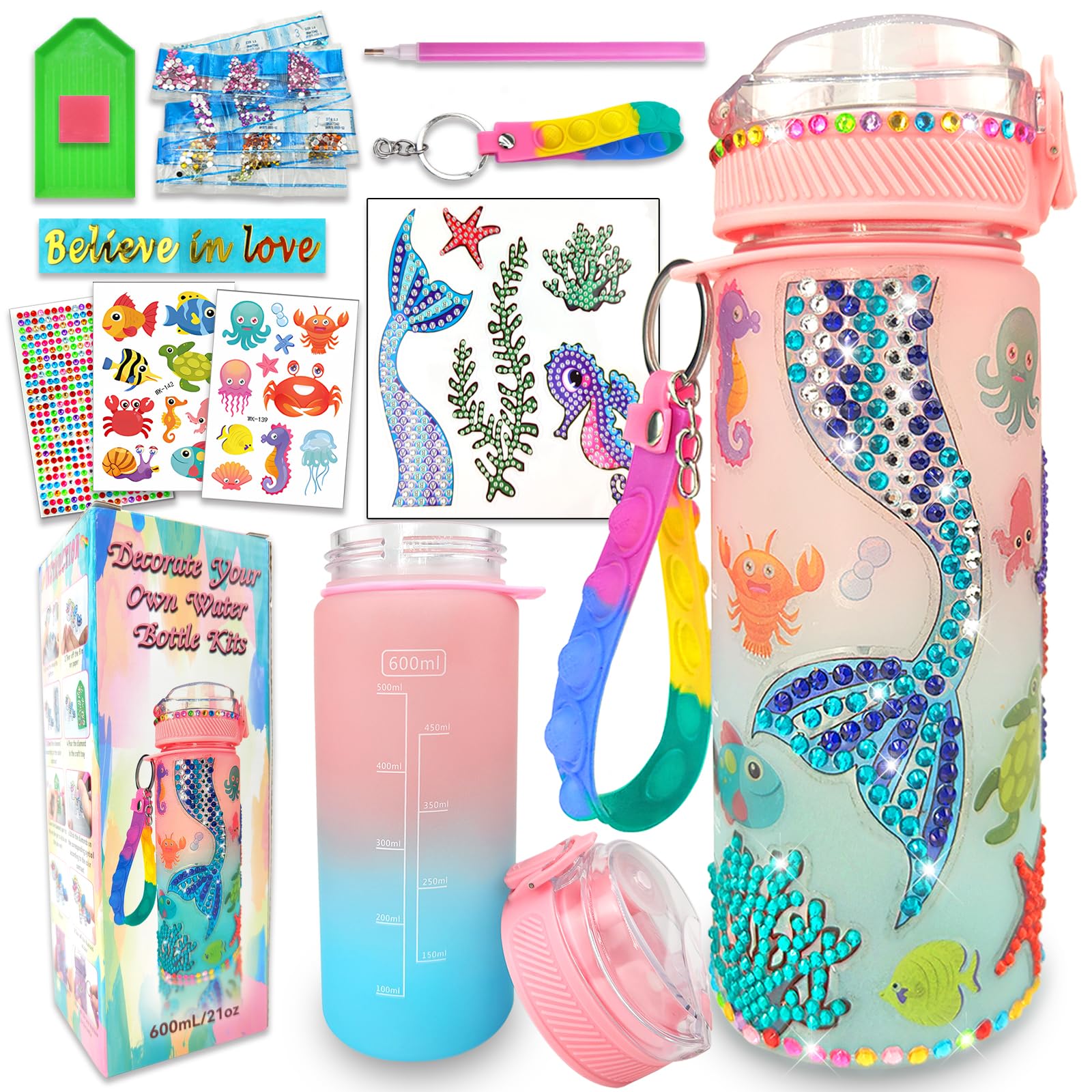 EDsportshouse Decorate Your Own Water Bottle Kits for Girls Age 4-6-8-10,Mermaid Painting Crafts,Fun Arts and Crafts Gifts Toys for Girls Birthday Christmas(Mermaid)