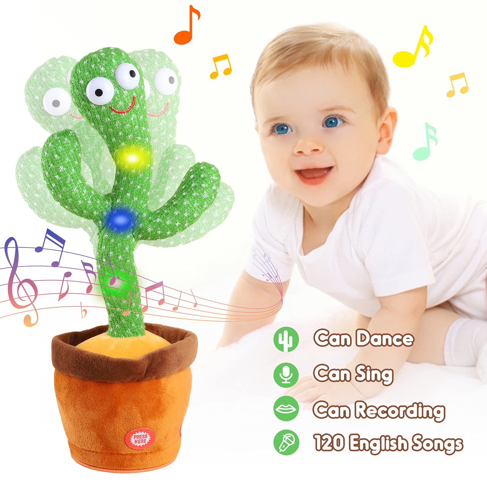 Kids Dancing Talking Cactus Toys for Baby Boys and Girls, Singing Mimicking Recording Repeating What You Say Sunny Cactus Electronic Light Up Plush Toy with 120 English Songs Smart Toy