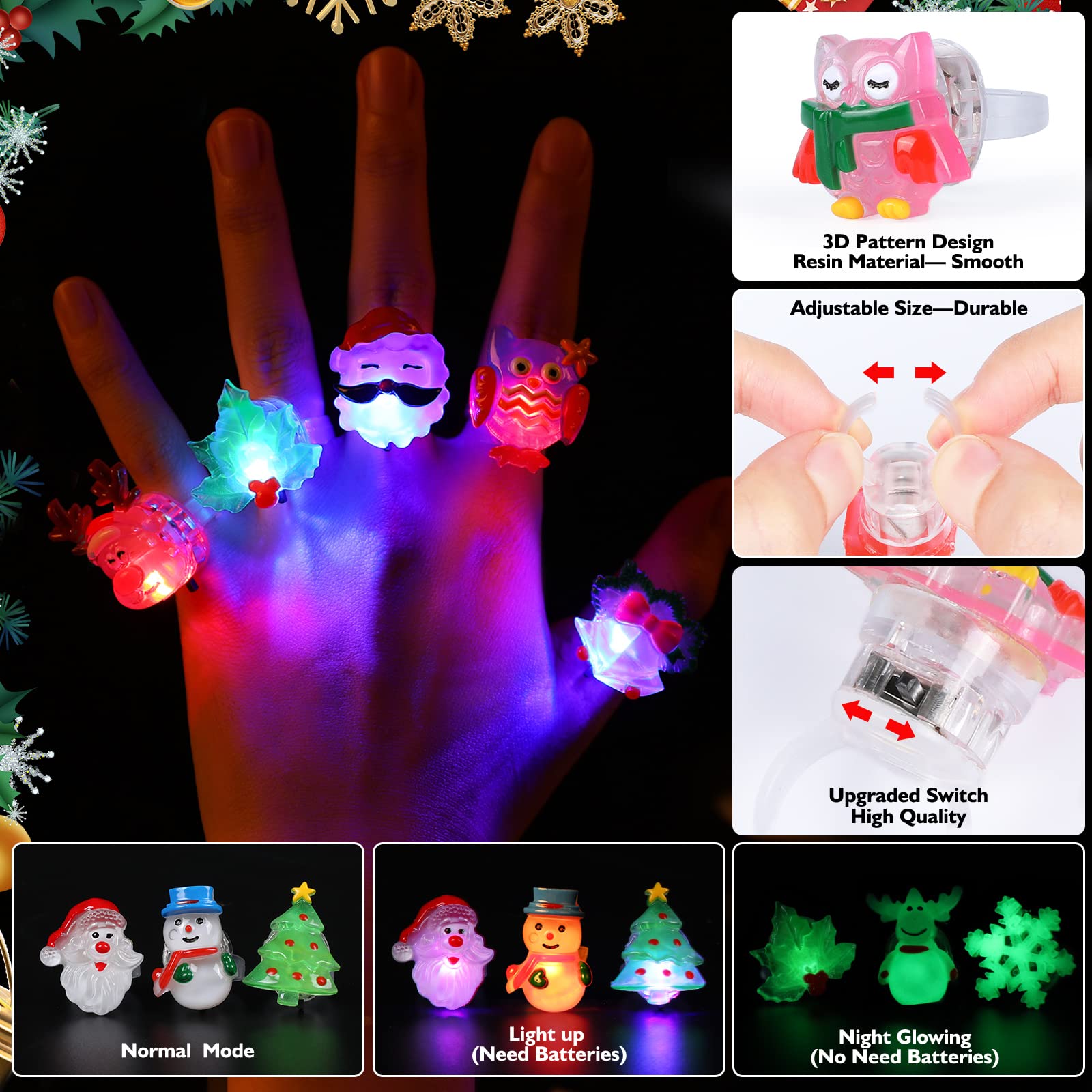 3D Nucifer 50 Pcs Christmas Light Up Rings Christmas Party Favors for Kids Adults Christmas Party Toy Stocking Stuffer LED Flashing Rings Glow in the Dark Christmas Toys for Boys Girls Christmas Gifts