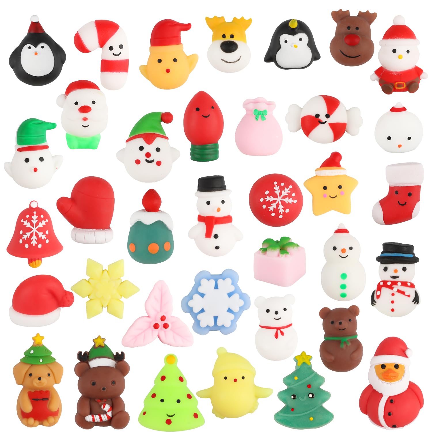 SULOLI 36 PCS Christmas Mochi Squishy Toys, Xmas Squeeze Toys Stress Reliever Anxiety Packs for Kids Christmas Party Favors Stocking Stuffers Gifts