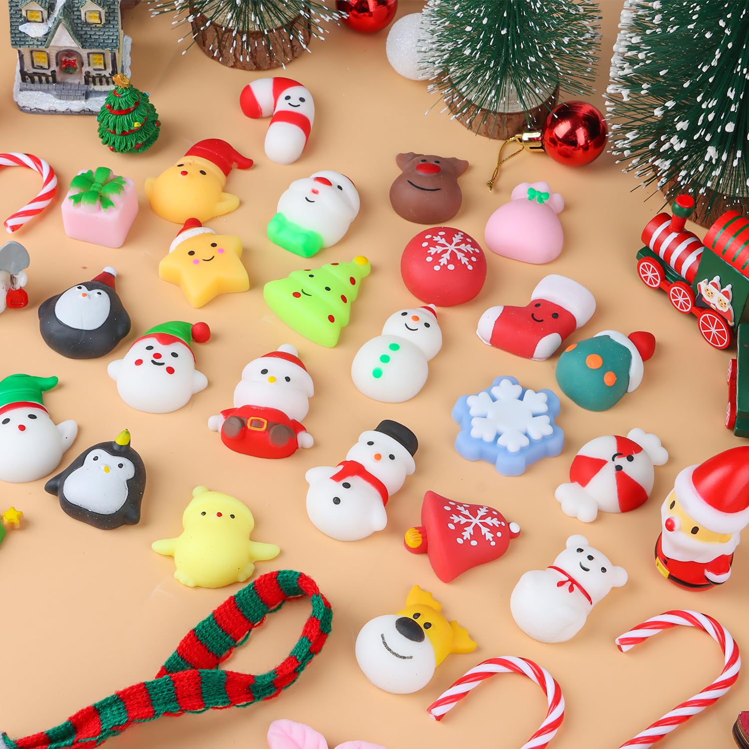 SULOLI 36 PCS Christmas Mochi Squishy Toys, Xmas Squeeze Toys Stress Reliever Anxiety Packs for Kids Christmas Party Favors Stocking Stuffers Gifts