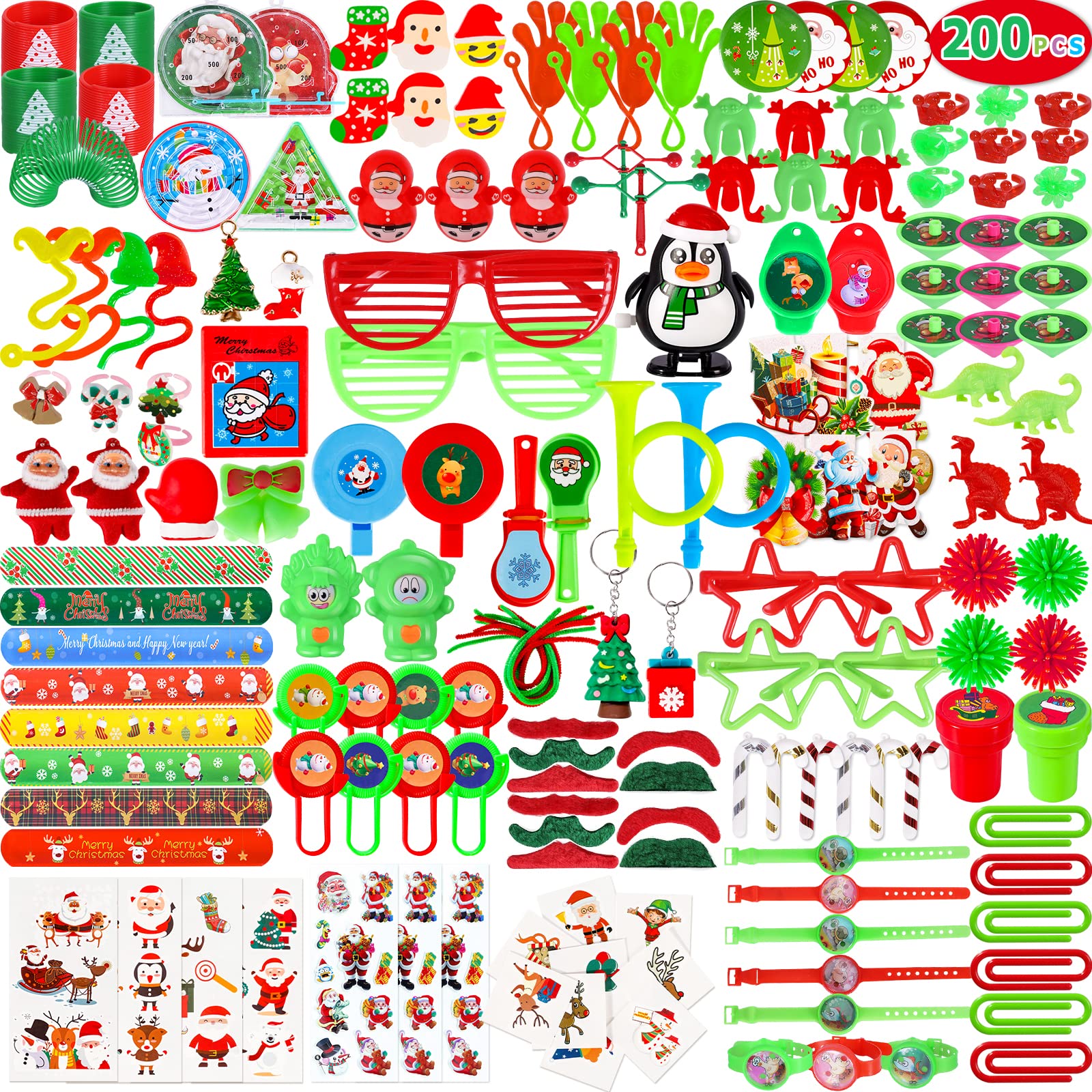 200Pcs Christmas Party Favors Assortment Toys for Kids Stocking Stuffers Birthday Party Gifts Carnival Prizes Goodie Bag Pinata Fillers Treasure Box School Classroom Rewards Christmas Theme Toys Bulk