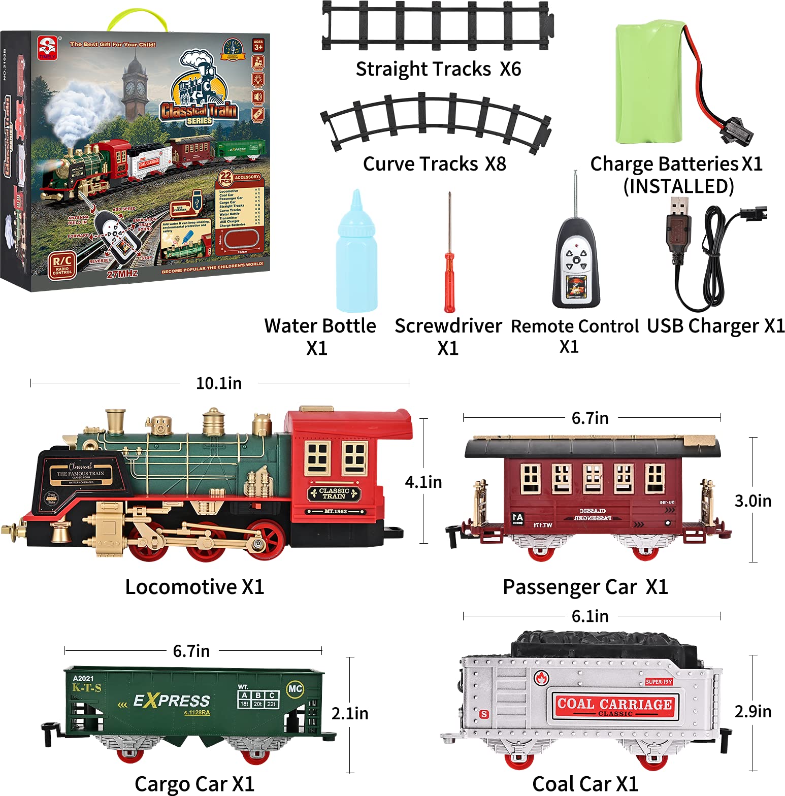 FANL Electric Christmas Train Set - Steam Locomotive Engine, Cargo Cars, Tracks - Rechargeable Toy Train Gift for Kids Age 3-6+