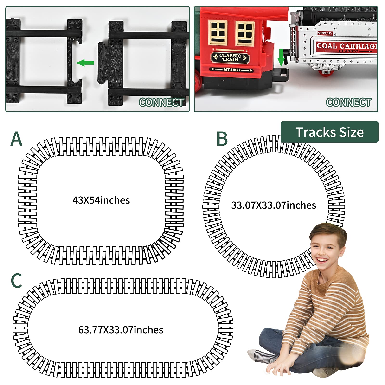 FANL Electric Christmas Train Set - Steam Locomotive Engine, Cargo Cars, Tracks - Rechargeable Toy Train Gift for Kids Age 3-6+