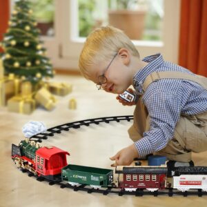 FANL Electric Christmas Train Set - Steam Locomotive Engine, Cargo Cars, Tracks - Rechargeable Toy Train Gift for Kids Age 3-6+