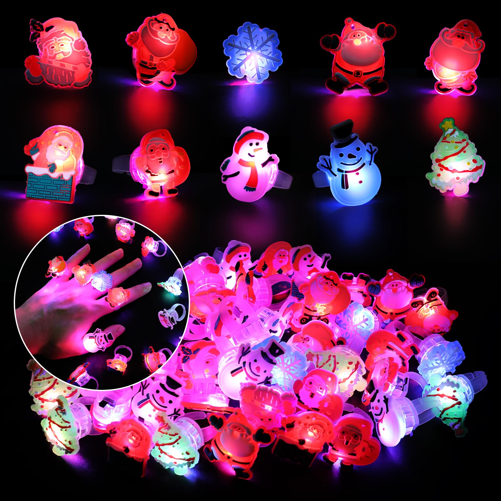 KIMOBER 50PCS Christmas Light Up Rings,Assorted Santa Snowman Flash LED Rings Toys Glow in the Dark Rings Toys for Xmas Kids Party Favors