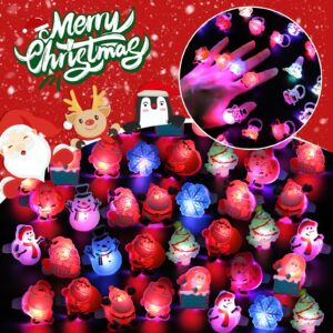 KIMOBER 50PCS Christmas Light Up Rings,Assorted Santa Snowman Flash LED Rings Toys Glow in the Dark Rings Toys for Xmas Kids Party Favors