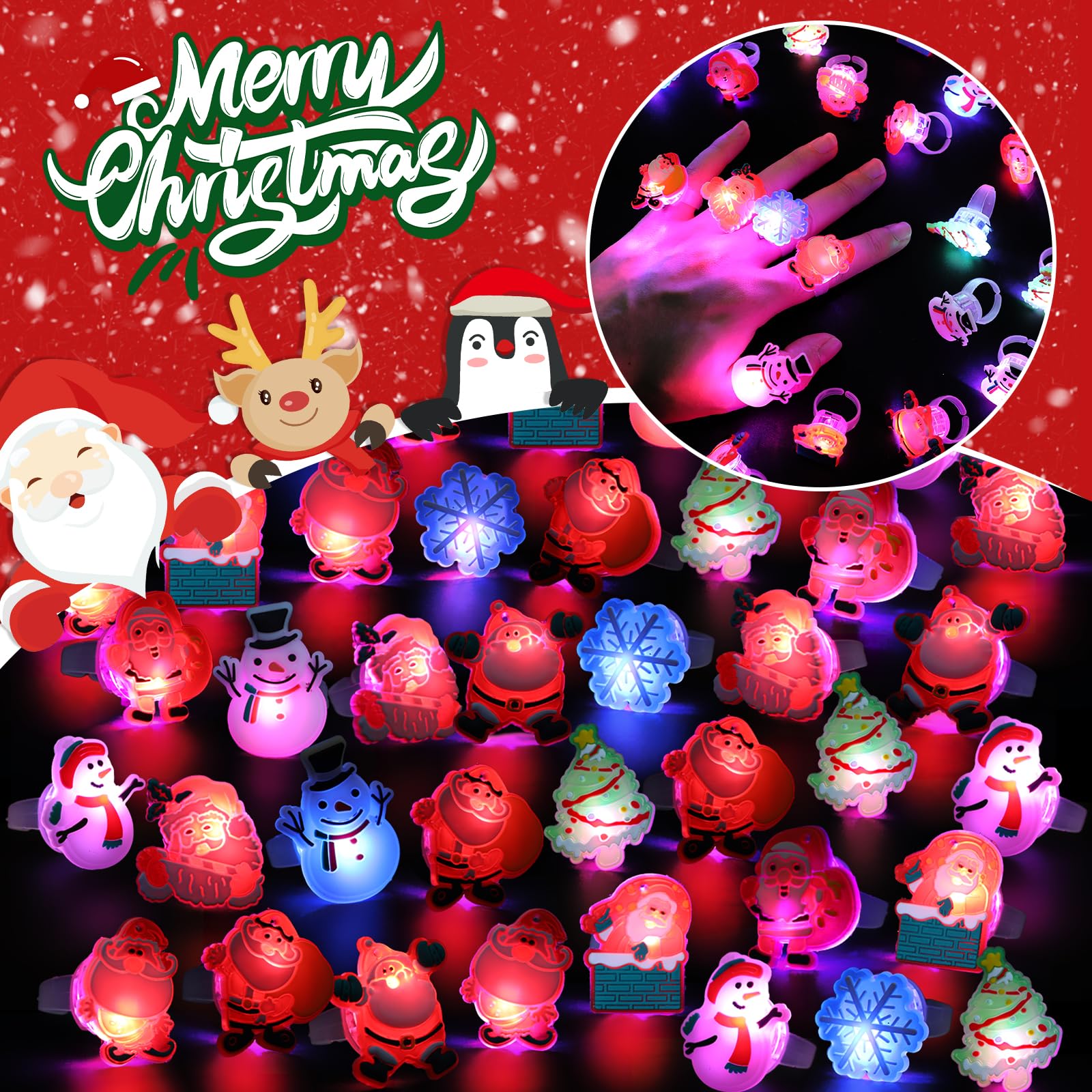 KIMOBER 50PCS Christmas Light Up Rings,Assorted Santa Snowman Flash LED Rings Toys Glow in the Dark Rings Toys for Xmas Kids Party Favors