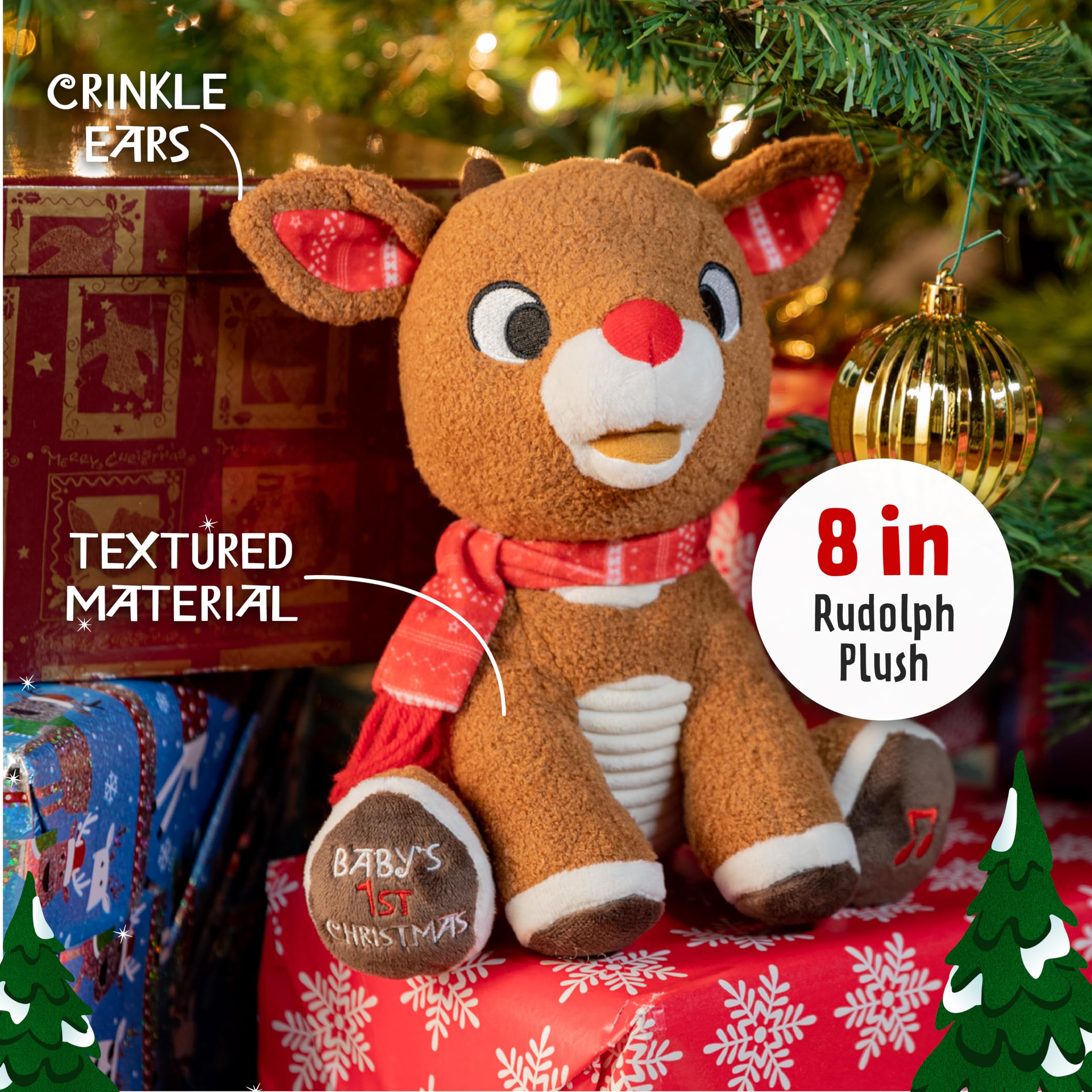 KIDS PREFERRED Santa Claus Rudolph The Red-Nosed Reindeer Musical Stuffed Animal, Baby's First Christmas Plush, 8 Inches