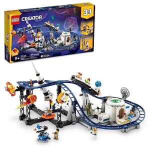 lego creator 3 in 1 space roller coaster building toy set featuring a roller coaster, drop tower, carousel and 5 minifigures, rebuildable amusement park for kids ages 9+, 31142