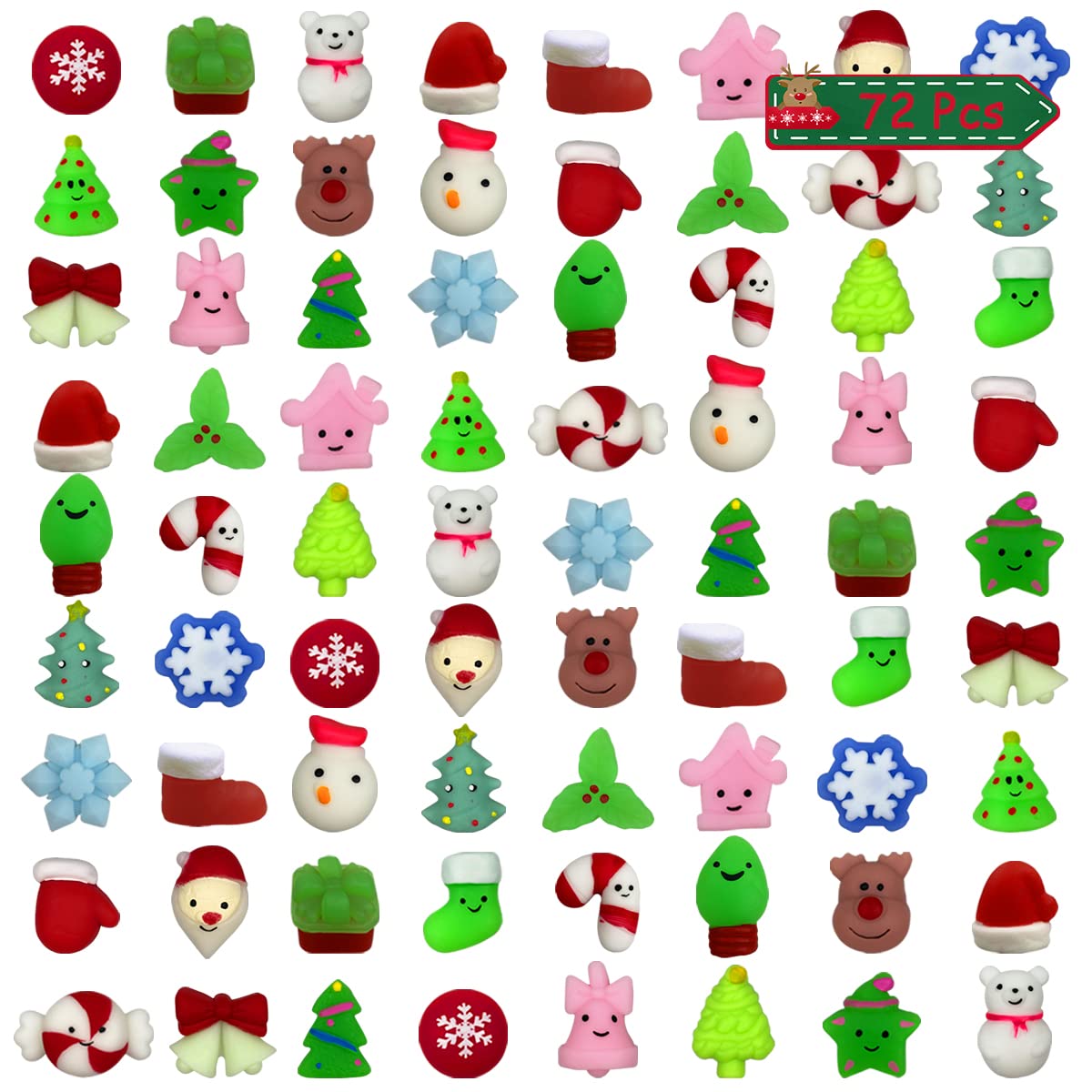 QINGQIU 72 PCS Christmas Mochi Squishy Toys Squishies Christmas Toys for Kids Girls Boys Toddlers Christmas Party Favors Stocking Stuffers Gifts