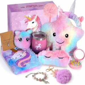 unicorns gifts for girls 5 6 7 8 9 10+ years old, kids unicorn toys with light up plush star pillow/ diary/ headband/ eye mask/ water bottle, soft plush toys set for teens birthday gifts christmas