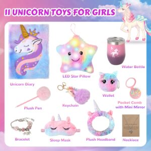 Unicorns Gifts for Girls 5 6 7 8 9 10+ Years Old, Kids Unicorn Toys with Light Up Plush Star Pillow/ Diary/ Headband/ Eye Mask/ Water Bottle, Soft Plush Toys Set for Teens Birthday Gifts Christmas