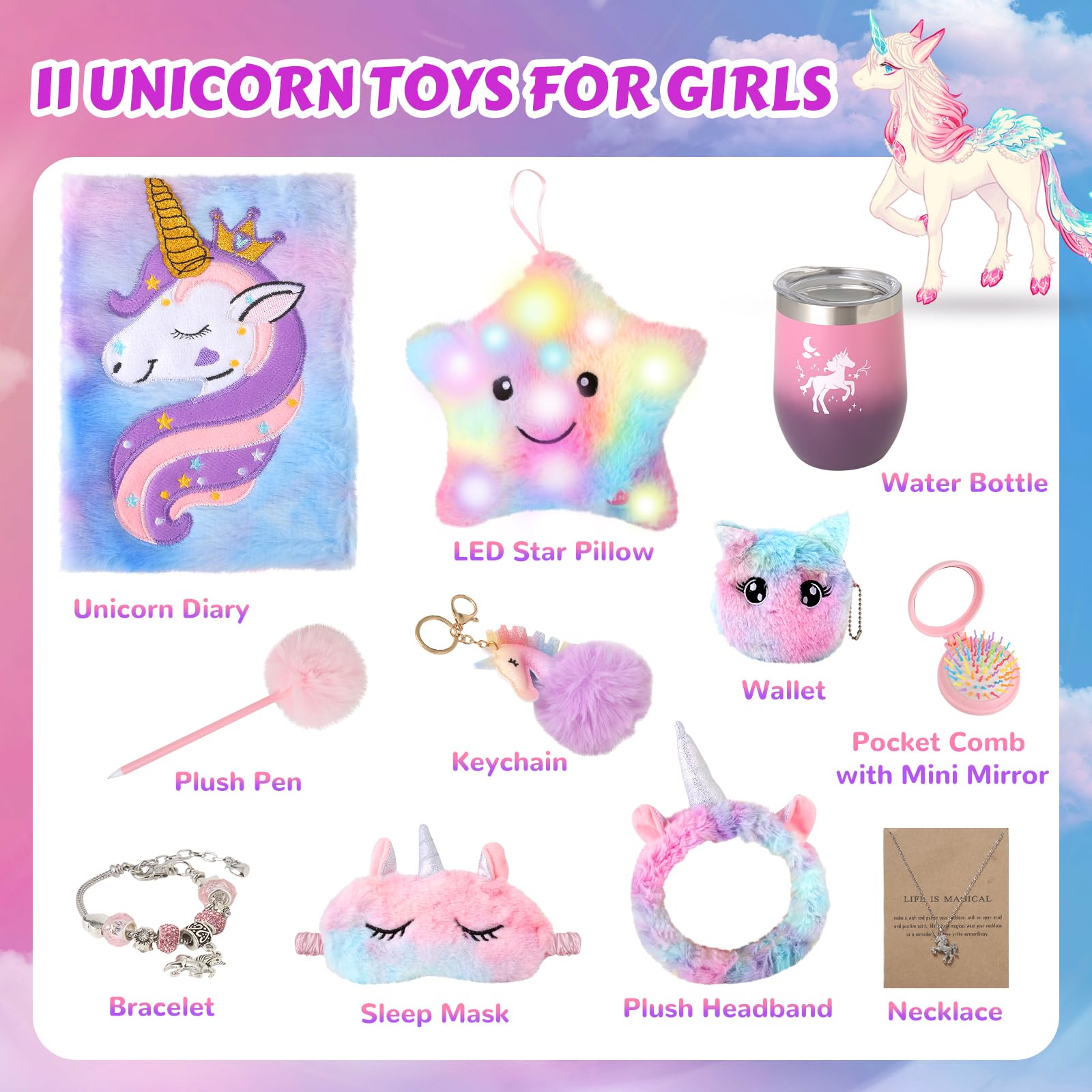 Unicorns Gifts for Girls 5 6 7 8 9 10+ Years Old, Kids Unicorn Toys with Light Up Plush Star Pillow/ Diary/ Headband/ Eye Mask/ Water Bottle, Soft Plush Toys Set for Teens Birthday Gifts Christmas