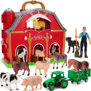 farm animals toys for 1 2 3 4 5 year old toddlers girls boys, big red barn farm with figures animals and tractor toys for kids, farm playset educational learning toys, ideal christmas birthday gifts