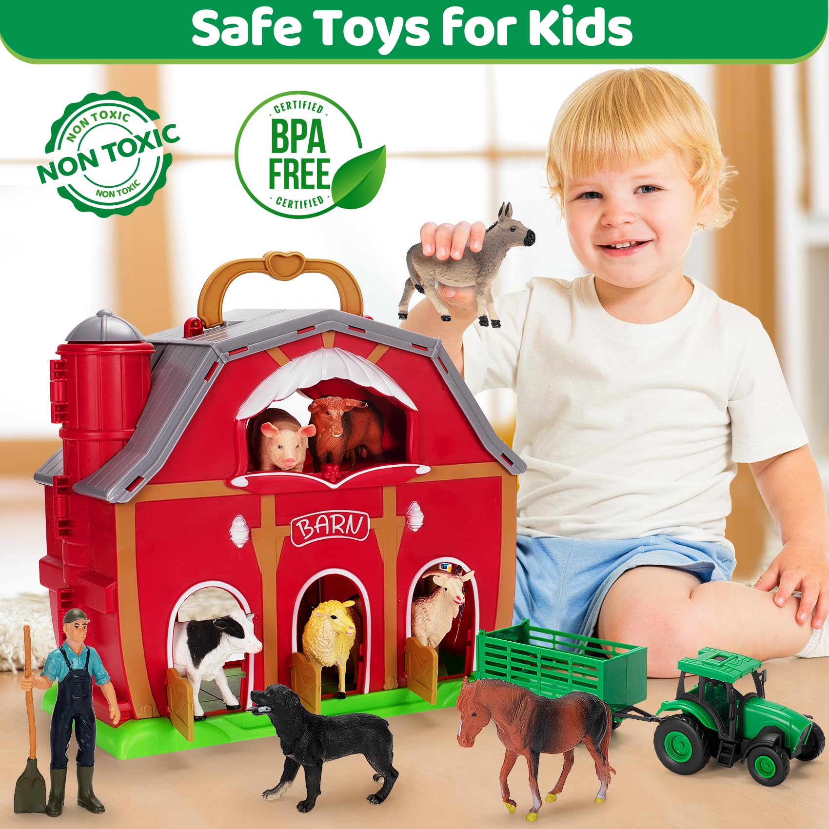 Farm Animals Toys for 1 2 3 4 5 Year old Toddlers Girls Boys, Big Red Barn Farm with Figures Animals and Tractor Toys for Kids, Farm Playset Educational Learning Toys, Ideal Christmas Birthday Gifts