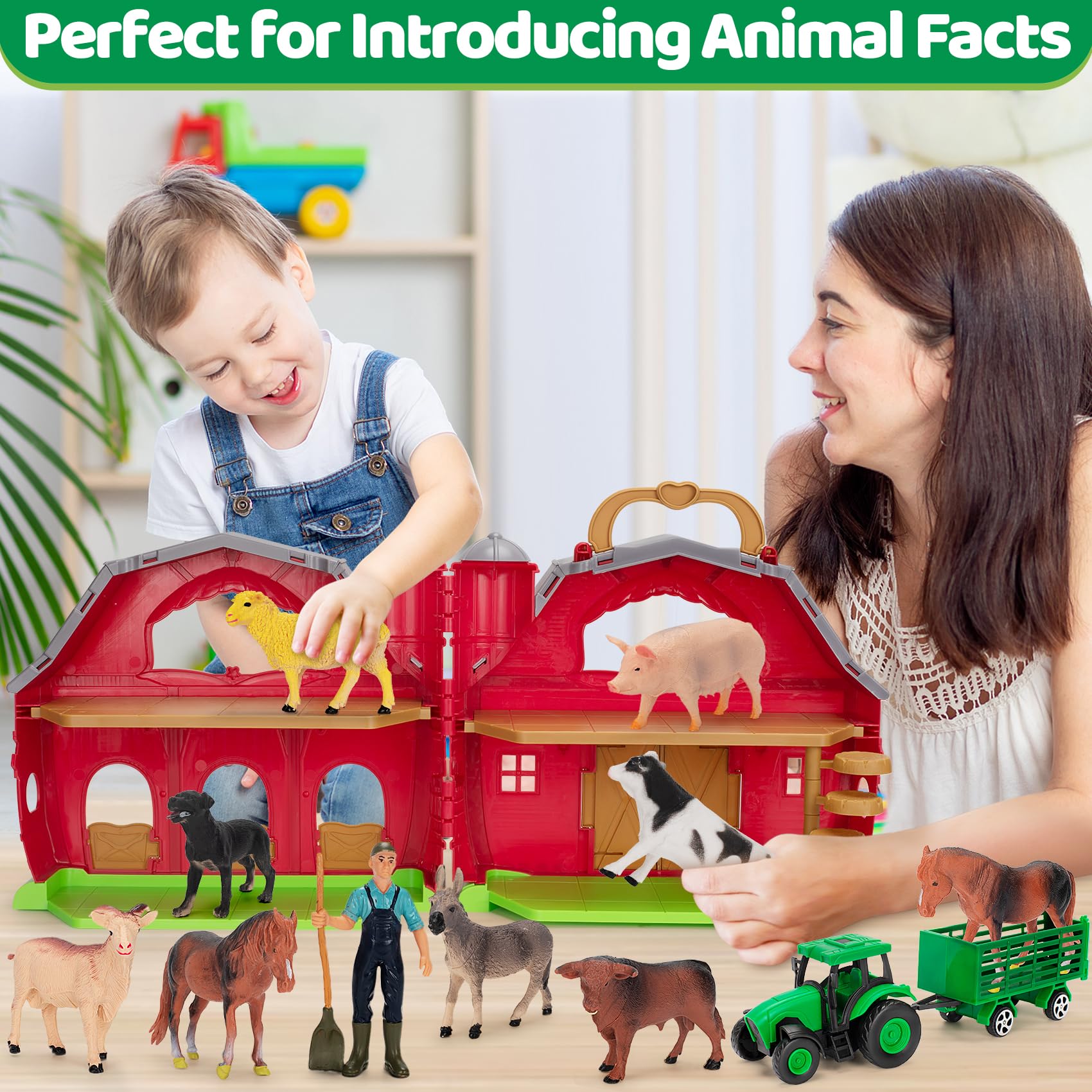 Farm Animals Toys for 1 2 3 4 5 Year old Toddlers Girls Boys, Big Red Barn Farm with Figures Animals and Tractor Toys for Kids, Farm Playset Educational Learning Toys, Ideal Christmas Birthday Gifts