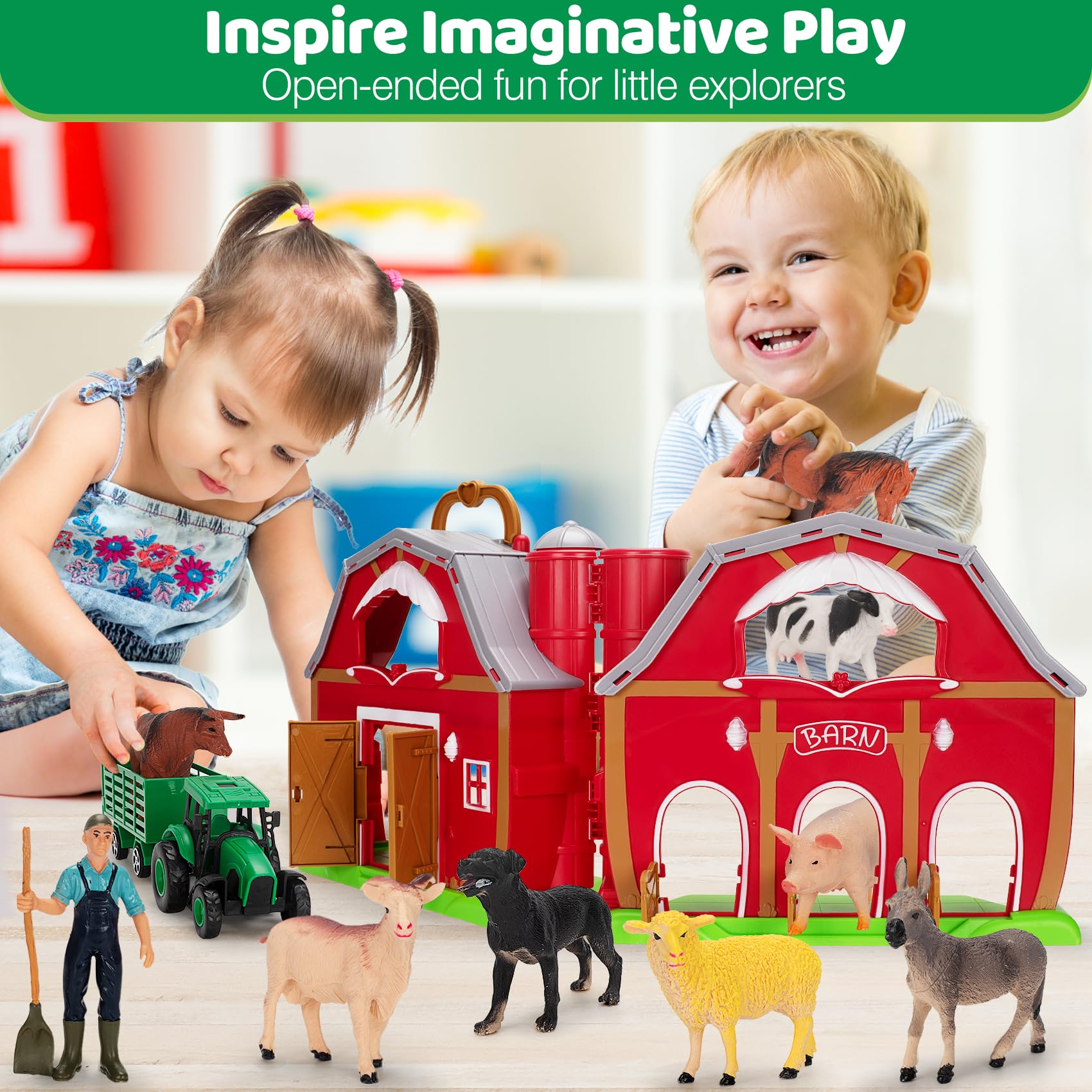 Farm Animals Toys for 1 2 3 4 5 Year old Toddlers Girls Boys, Big Red Barn Farm with Figures Animals and Tractor Toys for Kids, Farm Playset Educational Learning Toys, Ideal Christmas Birthday Gifts