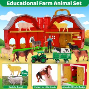 Farm Animals Toys for 1 2 3 4 5 Year old Toddlers Girls Boys, Big Red Barn Farm with Figures Animals and Tractor Toys for Kids, Farm Playset Educational Learning Toys, Ideal Christmas Birthday Gifts