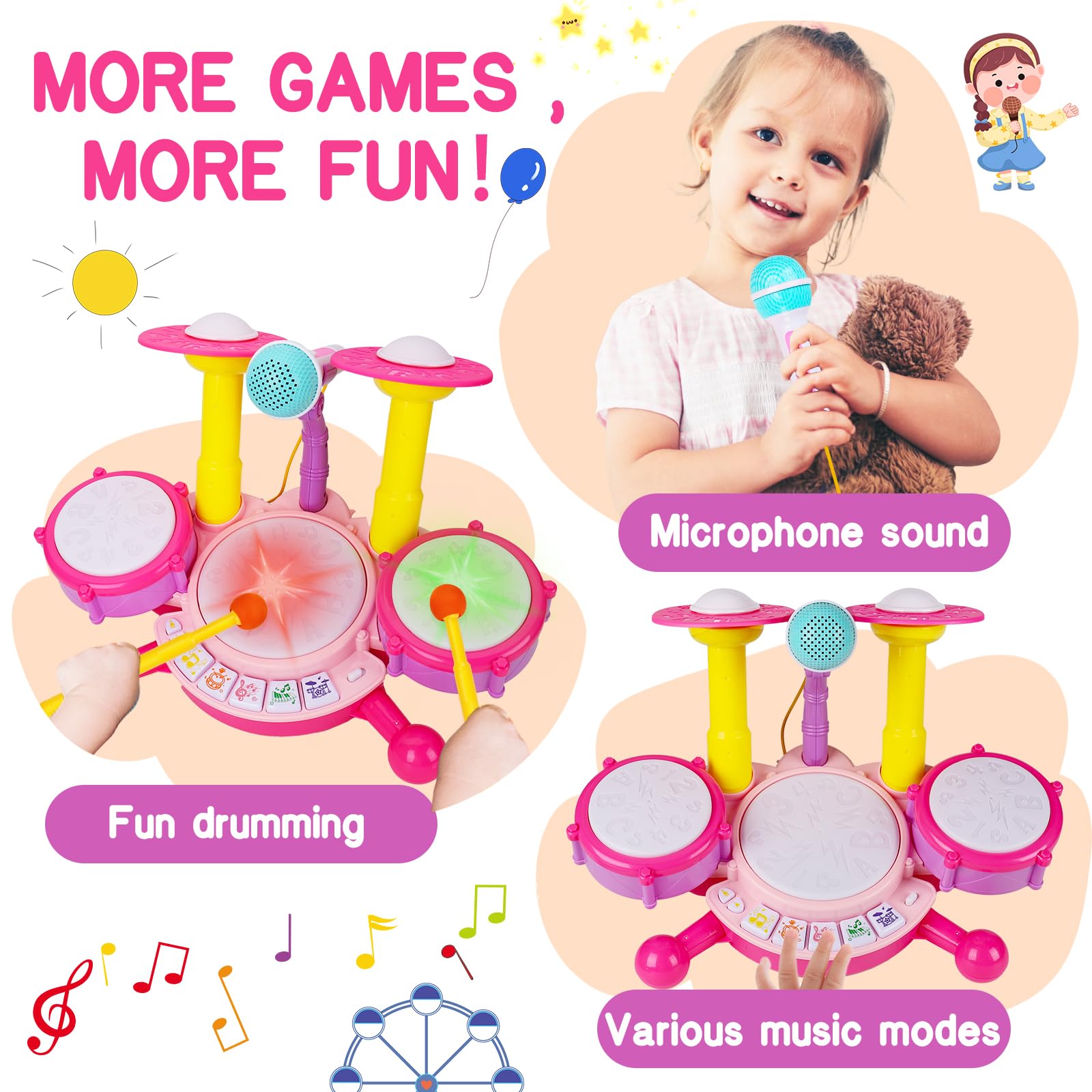 Basytodio Baby Music Toy 0-6-12 Month Electronic Kid Drum Set for Toddler Indoor Outdoor Montessori Sensory Activity Interactive Infant Surprise First Birthday Gift for One Year Old Girl Boy