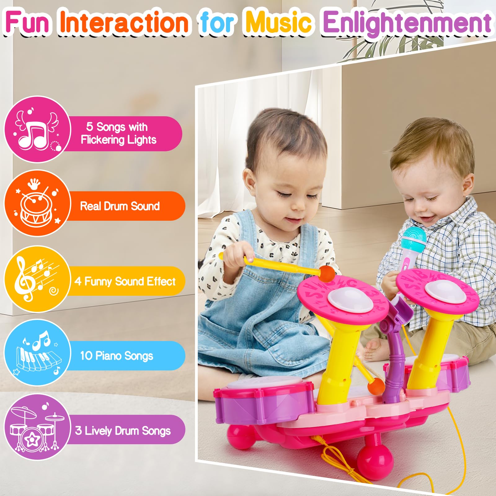 Basytodio Baby Music Toy 0-6-12 Month Electronic Kid Drum Set for Toddler Indoor Outdoor Montessori Sensory Activity Interactive Infant Surprise First Birthday Gift for One Year Old Girl Boy