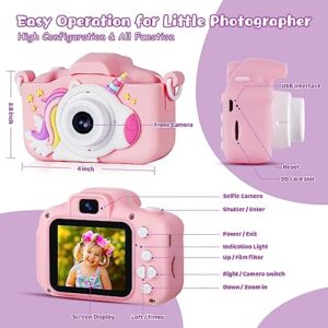 KIZJORYA Kids Camera, 2024 Upgraded 48MP HD Digital Selfie Camera Toys for Kids 3-12, Christmas Birthday Gift for Girls Boys with Unicorn Cover, Children Portable Video Camera for Toddlers-32GB(Pink)