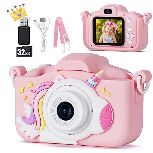 KIZJORYA Kids Camera, 2024 Upgraded 48MP HD Digital Selfie Camera Toys for Kids 3-12, Christmas Birthday Gift for Girls Boys with Unicorn Cover, Children Portable Video Camera for Toddlers-32GB(Pink)