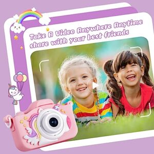 KIZJORYA Kids Camera, 2024 Upgraded 48MP HD Digital Selfie Camera Toys for Kids 3-12, Christmas Birthday Gift for Girls Boys with Unicorn Cover, Children Portable Video Camera for Toddlers-32GB(Pink)