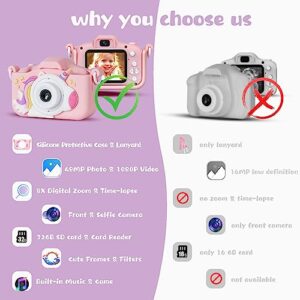 KIZJORYA Kids Camera, 2024 Upgraded 48MP HD Digital Selfie Camera Toys for Kids 3-12, Christmas Birthday Gift for Girls Boys with Unicorn Cover, Children Portable Video Camera for Toddlers-32GB(Pink)