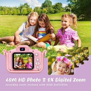 KIZJORYA Kids Camera, 2024 Upgraded 48MP HD Digital Selfie Camera Toys for Kids 3-12, Christmas Birthday Gift for Girls Boys with Unicorn Cover, Children Portable Video Camera for Toddlers-32GB(Pink)