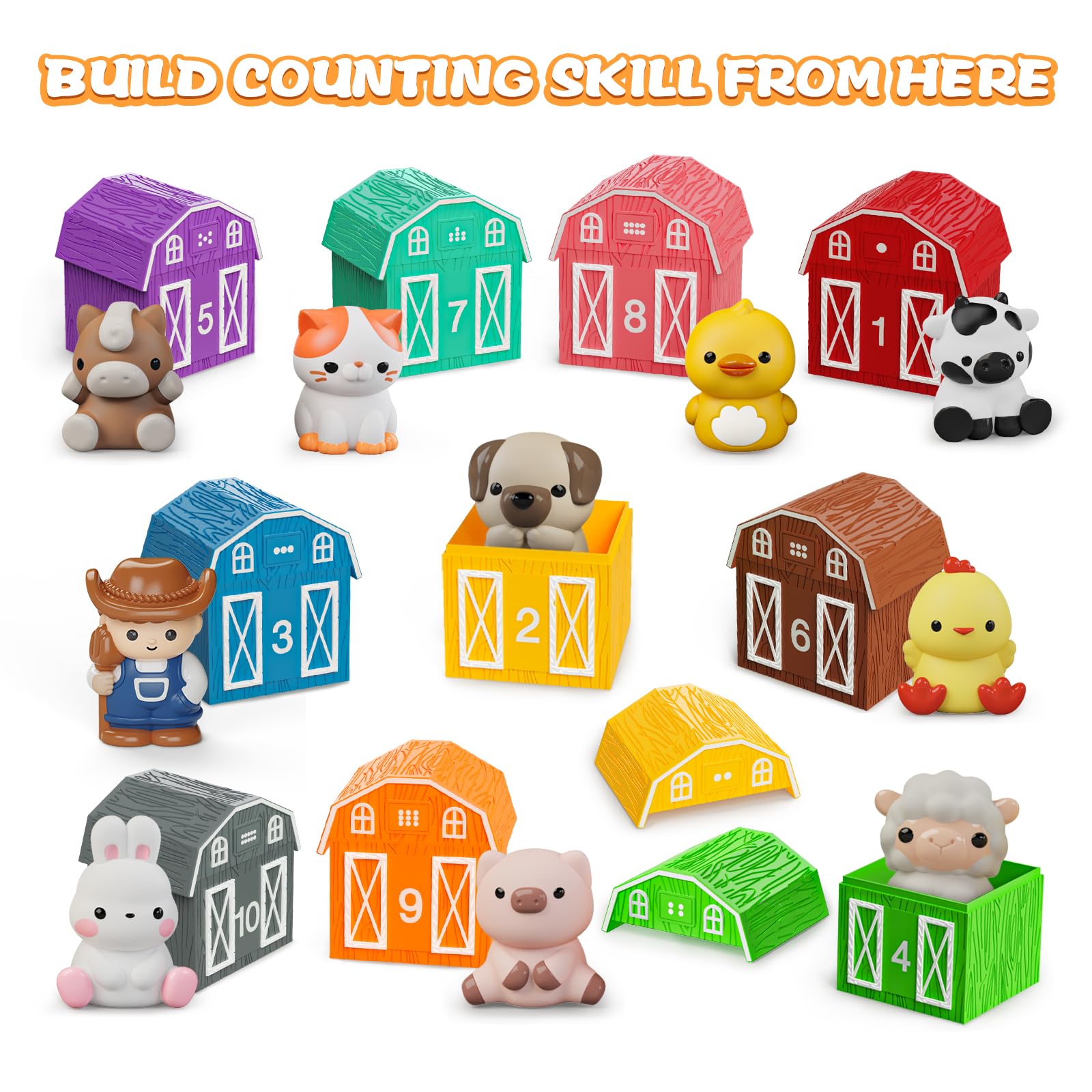 Learning Toy for Toddlers 1 2 3+ Years Old, 20 PCS Farm Animal Barn Toy & Finger Puppets, Montessori Educational Toy for Kids,Easter Gift Toy with 10 Animals & 10 Barns for Babies Boys Girls