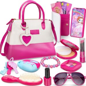 mozok kids makeup kit for girl, 15 pcs princess pretend makeup play purse set with accessories, kids dress up purse girl toys for 3 4 5 6 7 8 9 10 years old little girls toddlers birthday gifts