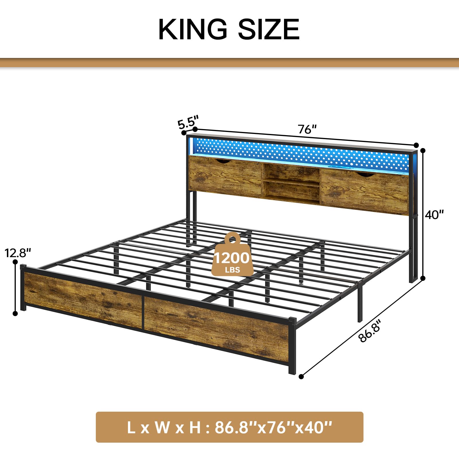 ADORNEVE King Size Bed Frame with Storage & LED Light Headboard, Metal Platform Bed with Type-C & USB Charging Station, King Bed Frame with Shelf Headboard, No Box Spring Needed, Vintage Brown