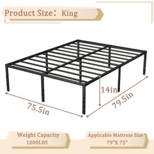 Besebay King Size Bed Frame 14 Inch Heavy Duty Metal Frames with Steel Slats Support Ample Storage No Box Spring Needed, Easy Assembly, Noise Free, Black