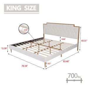 AGARTT Upholstered Platform King Size Bed Frame with Headboard Premium Stable Wood Slat Support No Box Spring Required Cream