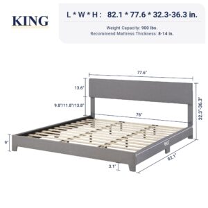 Allewie King Size Platform Bed Frame with Adjustable Upholstered Headboard, Strong Wood Slats, Heavy Duty Mattress Foundation, No Box Spring Needed, Noise-Free, Easy Assembly, Light Grey