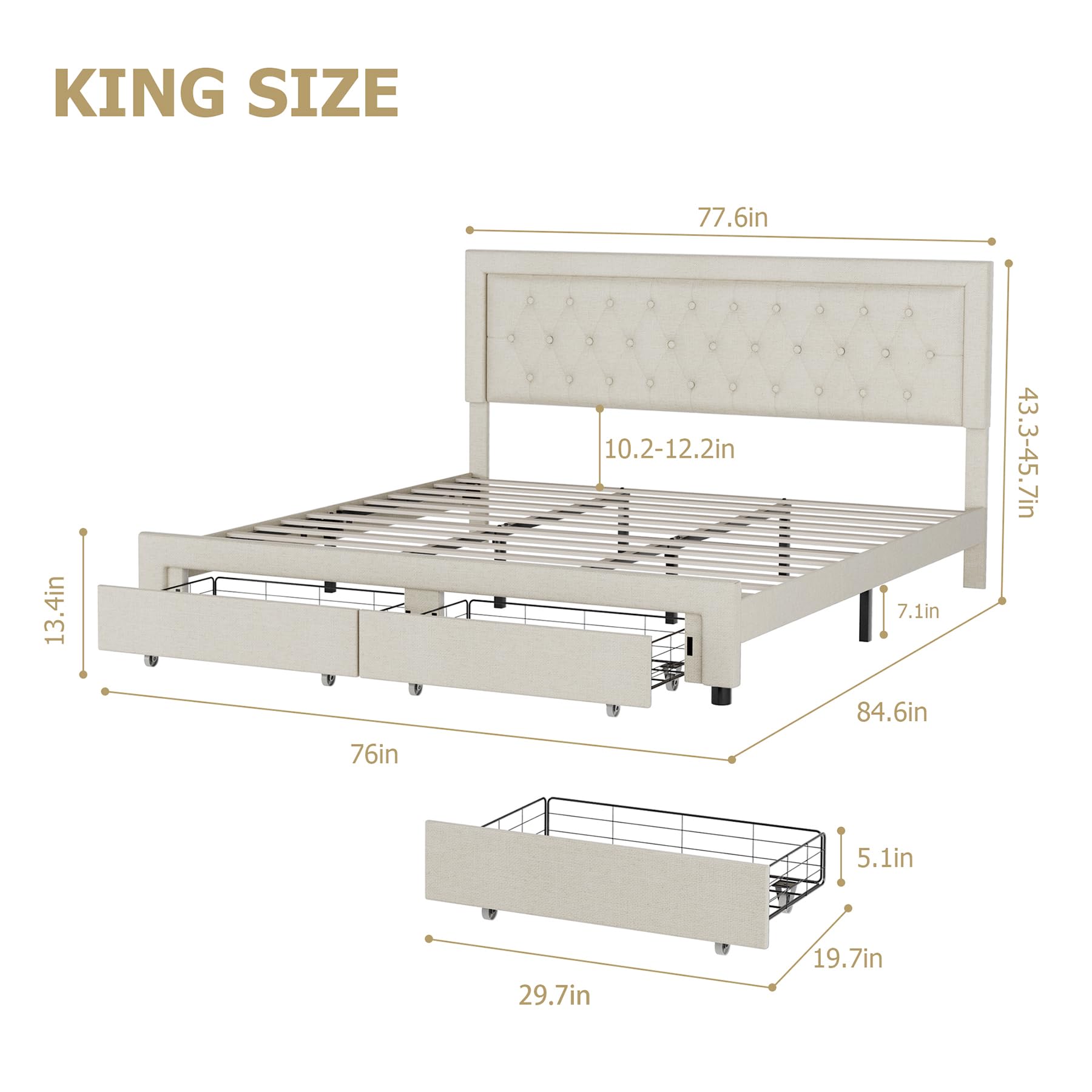 Keyluv King Bed Frame with 2 Storage Drawers and Adjustable Headboard, High-End Fabric Platform Bed with Button Tufted, Wooden Slats No Box Spring Needed/Easy Assembly, Beige