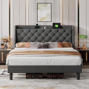 ipormis king bed frame with 16" deluxe wingback & usb & type-c ports, upholstered platform beds with button tufted storage headboard, solid wood slats support, no box spring needed, dark grey