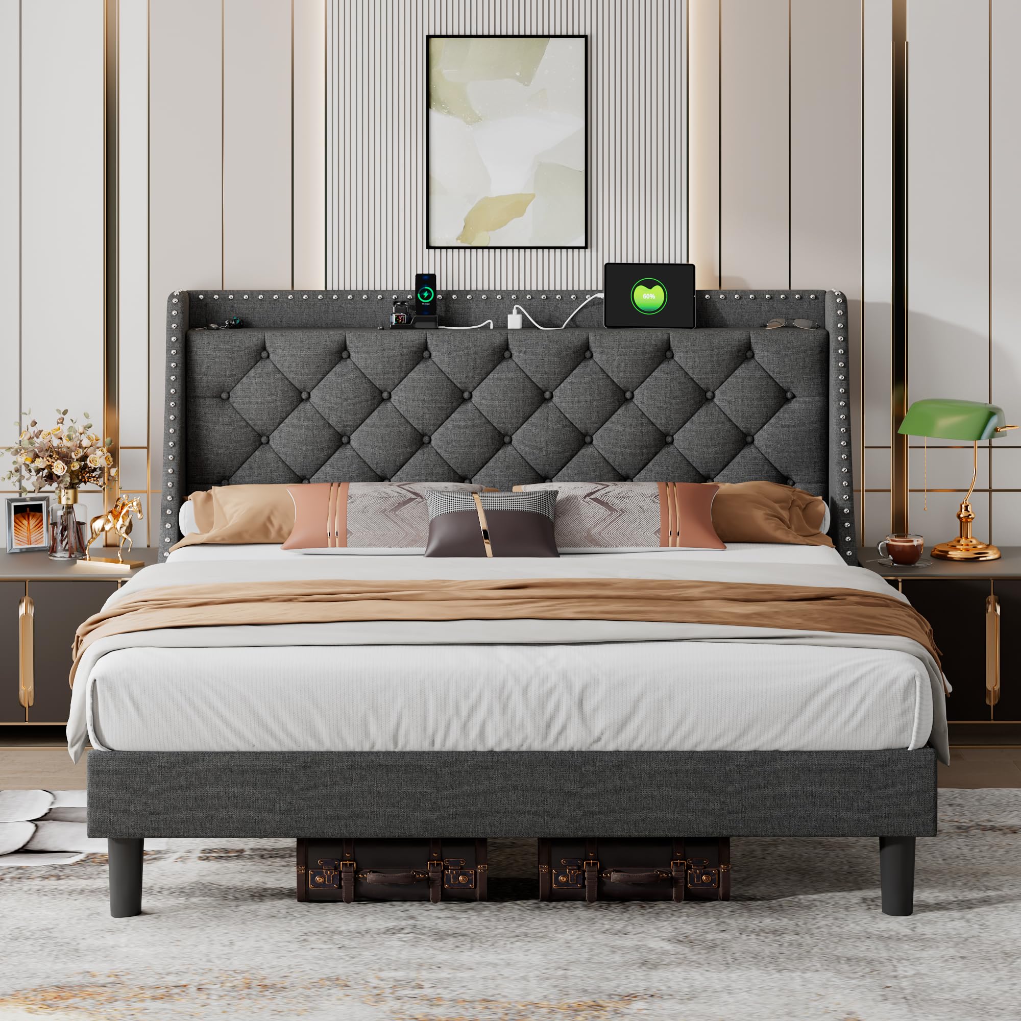 iPormis King Bed Frame with 16" Deluxe Wingback & USB & Type-C Ports, Upholstered Platform Beds with Button Tufted Storage Headboard, Solid Wood Slats Support, No Box Spring Needed, Dark Grey