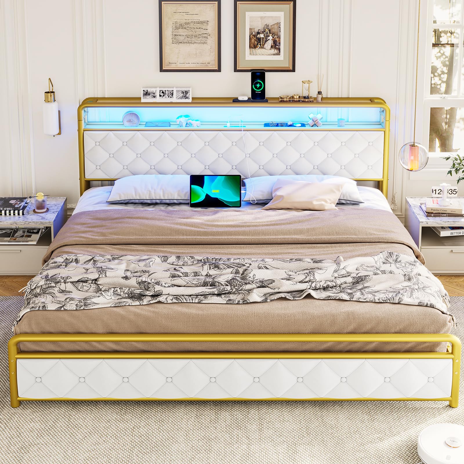 ADORNEVE King LED Bed Frame with Storage Headboard,Upholstered King Size Platform Bed Frame with Power Outlets & USB Ports,Velvet Tufted Headboard & Footboard,Noise-Free,Creamy White & Gold