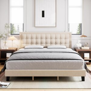 senfot king size bed frame, linen upholstered platform bed frame with adjustable headboard and strong wooden slats, non-slip and noise-free, no box spring needed, easy assembly, off white
