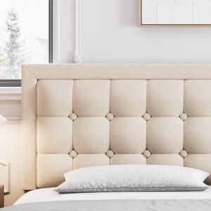 Senfot King Size Bed Frame, Linen Upholstered Platform Bed Frame with Adjustable Headboard and Strong Wooden Slats, Non-Slip and Noise-Free, No Box Spring Needed, Easy Assembly, Off White