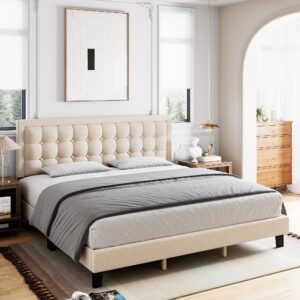 Senfot King Size Bed Frame, Linen Upholstered Platform Bed Frame with Adjustable Headboard and Strong Wooden Slats, Non-Slip and Noise-Free, No Box Spring Needed, Easy Assembly, Off White