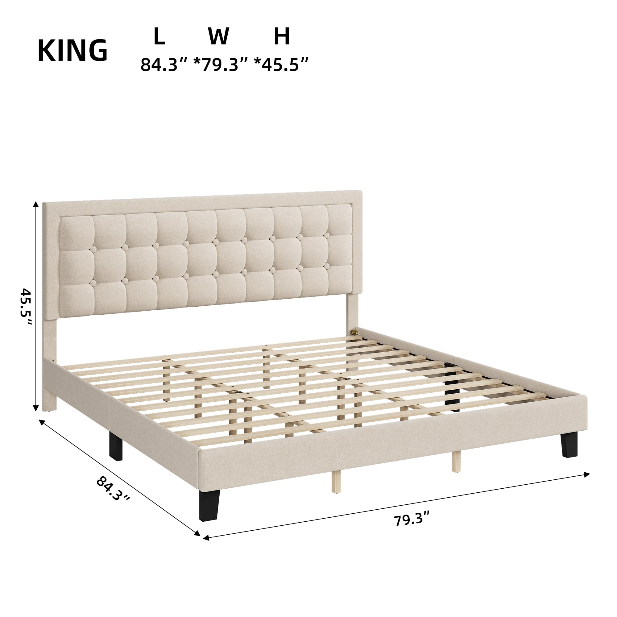 Senfot King Size Bed Frame, Linen Upholstered Platform Bed Frame with Adjustable Headboard and Strong Wooden Slats, Non-Slip and Noise-Free, No Box Spring Needed, Easy Assembly, Off White