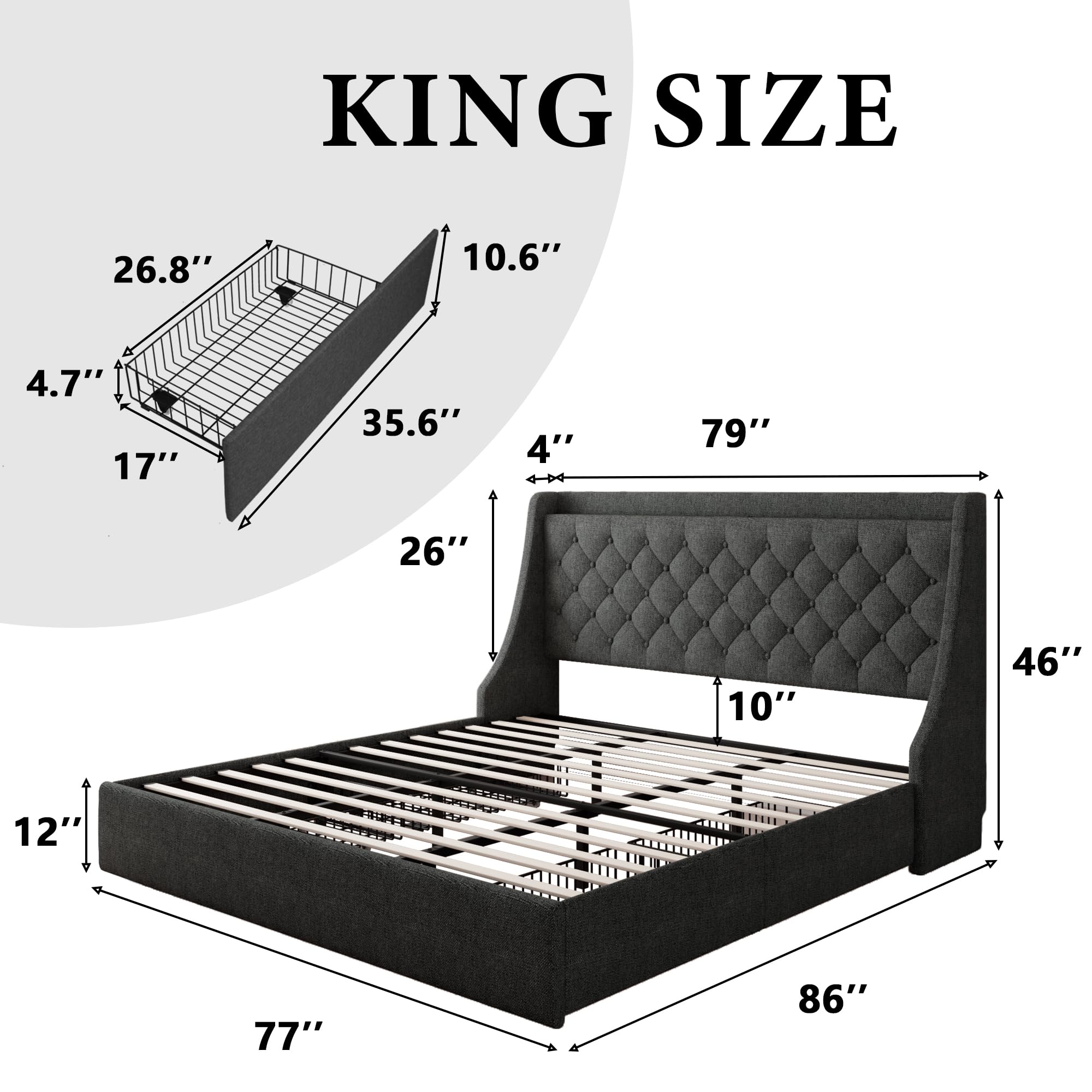 iPormis King Size Bed Frame with 4 Storage Drawers, Upholstered Platform Bed Frame with Type-C & USB Ports, Wingback Storage Headboard, Solid Wood Slats, No Box Spring Needed, Dark Gray