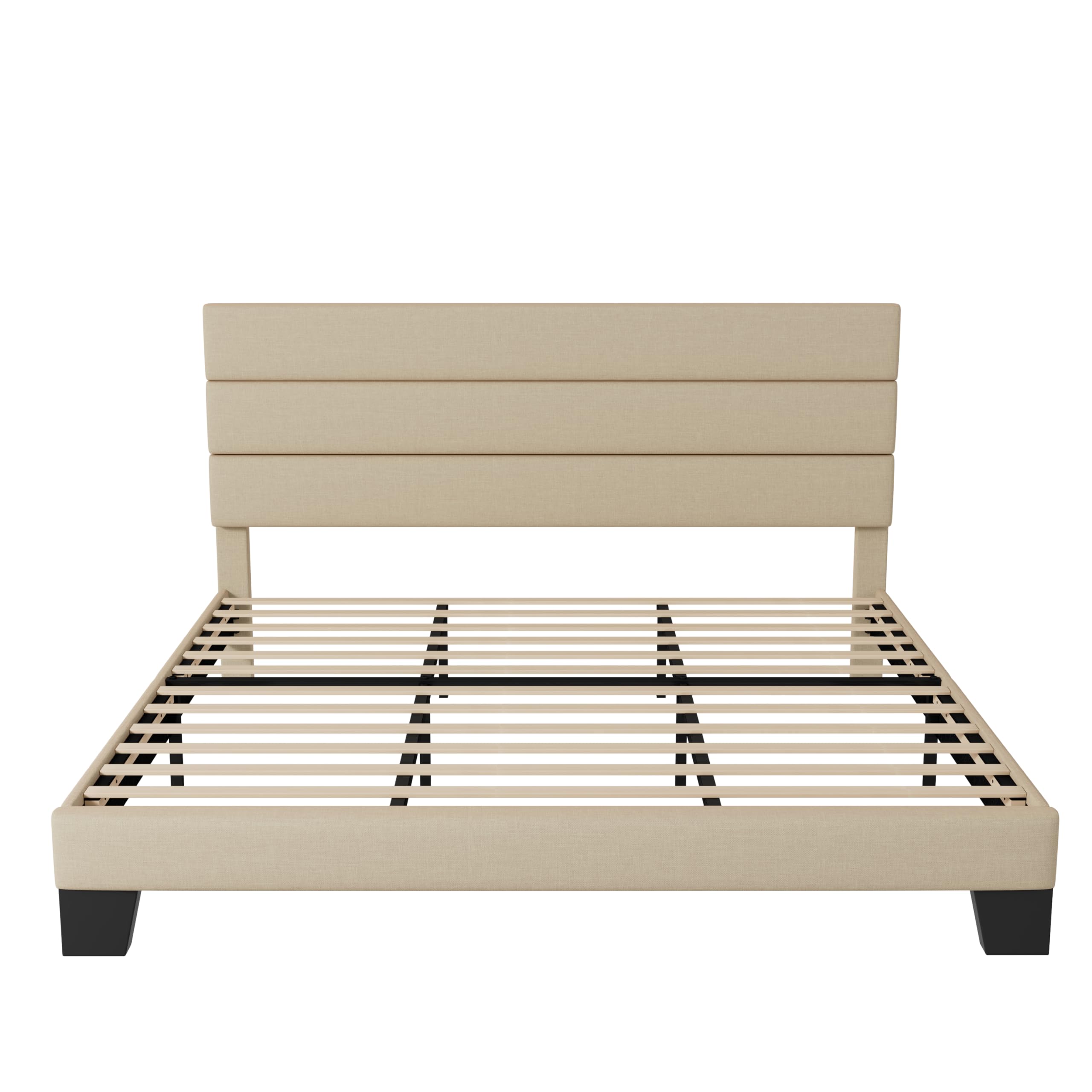 Allewie King Size Platform Bed Frame with Fabric Upholstered Headboard and Wooden Slats Support, Fully Upholstered Mattress Foundation/No Box Spring Needed/Easy Assembly, Beige