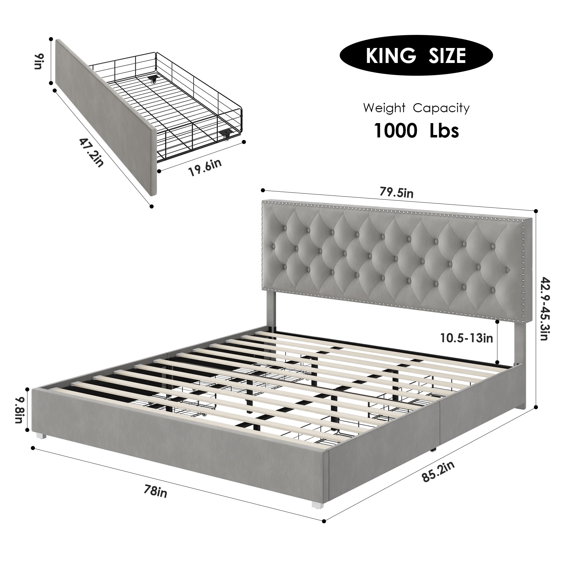 HOSTACK King Size Bed Frame with 4 Storage Drawers, Modern Upholstered Platform Bed with Adjustable Headboard,Button Tufted Bed Frame with Wood Slat Support,No Box Spring Needed(Grey, King)